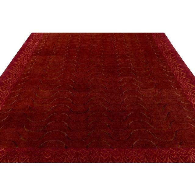 Contemporary Tibetan Wool & Silk Rug in Crimson and Gold With Art Deco Boder For Sale - Image 9 of 11