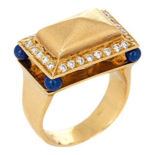 Lapis Lazuli Diamond Temple Ring Vintage 18k Yellow Gold Square Mount Jewellery size 7 For Sale