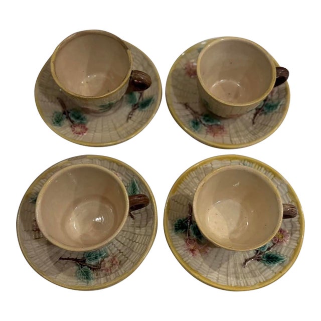 Antique 19th Century Wild Rose & Basketweave Majolica Teacups & Saucers - Set of 4 For Sale