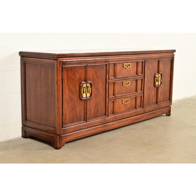 Thomasville Thomasville Mid-Century Hollywood Regency Chinoiserie Walnut Long Dresser or Credenza, Circa 1970s For Sale - Image 4 of 15