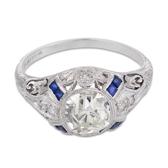 Art Deco 1930s Art Deco Gia 1.36 Carat Diamond Sapphire Platinum Engagement Ring, Size 5.75 For Sale - Image 3 of 8