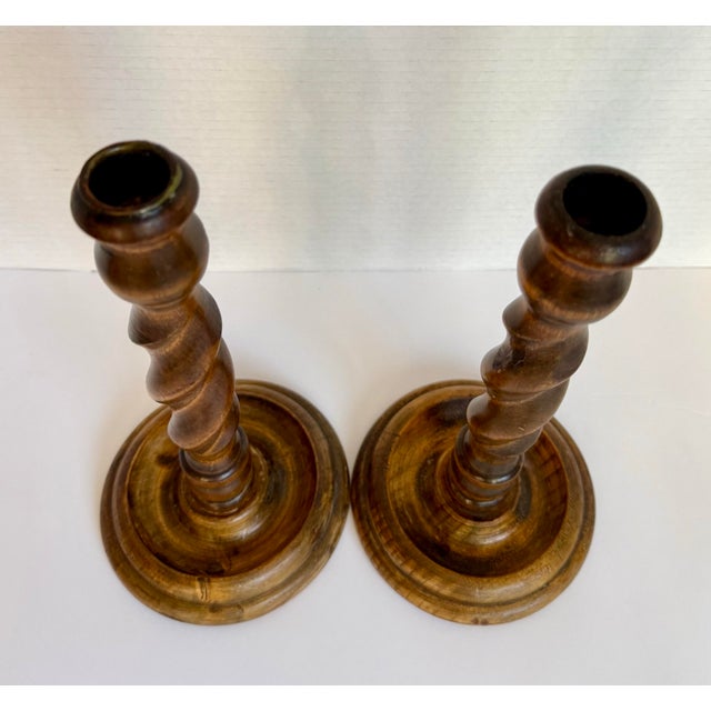 Pair of Early 20th Century Turned Wood Barley Twist Candlestick Holders For Sale - Image 4 of 7
