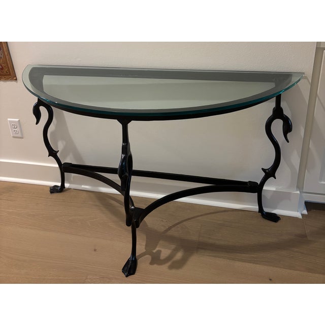 Vintage French Black Iron Swan Demilune Console Table With Glass Top For Sale - Image 9 of 12