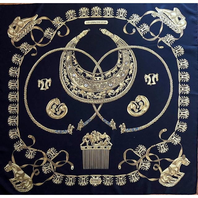 Hermès Les Cavaliers d'Or 1992 Silk Scarf Created in 1975 by Dimitri Rybaltchenko at the request of the Metropolitan...
