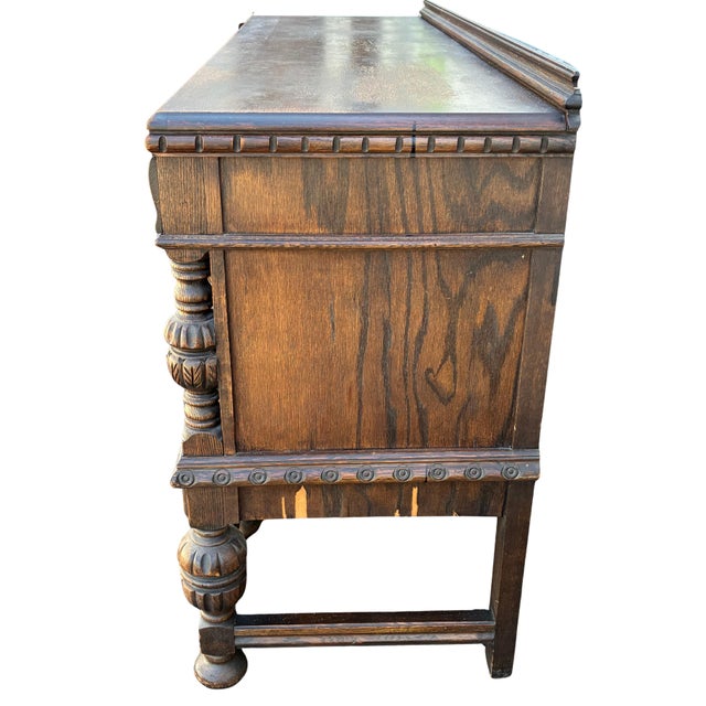 Wood Early 20th Century Jacobean Revival Carved Oak Buffet Sideboard For Sale - Image 7 of 12