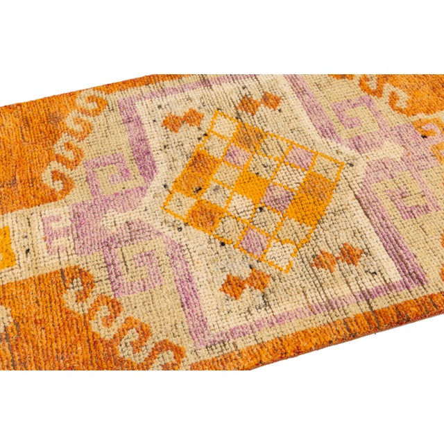 Textile Orange Vintage Turkish Wool Runner With Tribal Geometry Design For Sale - Image 7 of 9