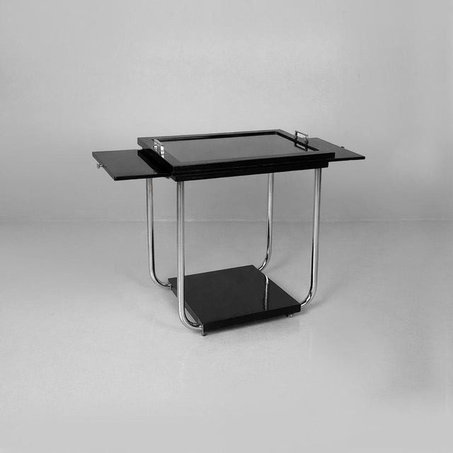 Italian Art Deco Cart in Black Wood, Glass and Steel, 1930s For Sale - Image 3 of 18