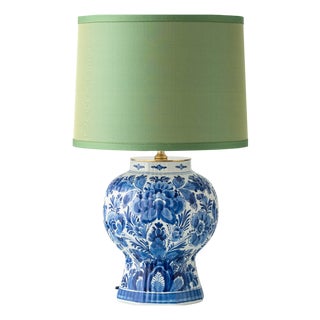 Blue Ceramic Ginger Jar Lamp with New Pistachio Green Silk Shade from Royal Delft, 1971 For Sale
