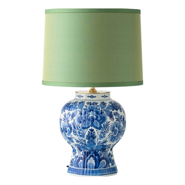 Blue Ceramic Ginger Jar Lamp with New Pistachio Green Silk Shade from Royal Delft, 1971 For Sale