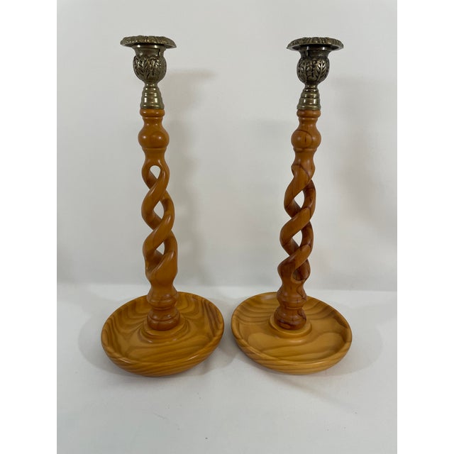 Vintage English Oak Open Barley Twist Candlesticks - A Pair For Sale - Image 4 of 15