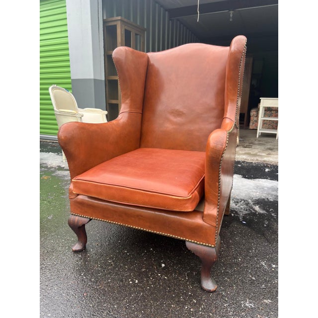 Traditional Classic Saddle Leather Wingback Chair For Sale - Image 3 of 6