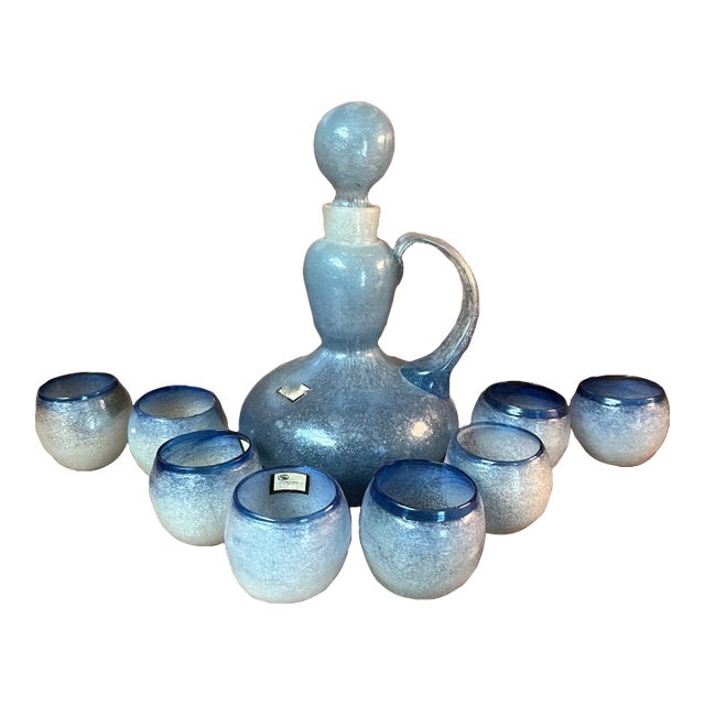 Mid-Century Mexican Hand Blown Light Blue “Bubble Glass” Carafe and Glass Set- 10 Pieces For Sale