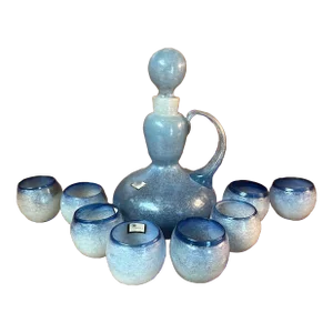 Mid-Century Mexican Hand Blown Light Blue “Bubble Glass” Carafe and Glass Set- 10 Pieces