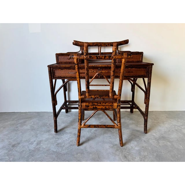 English Vintage British Colonial Style Faux Burnt Bamboo and Grasscloth Pagoda Desk and Chair For Sale - Image 3 of 10
