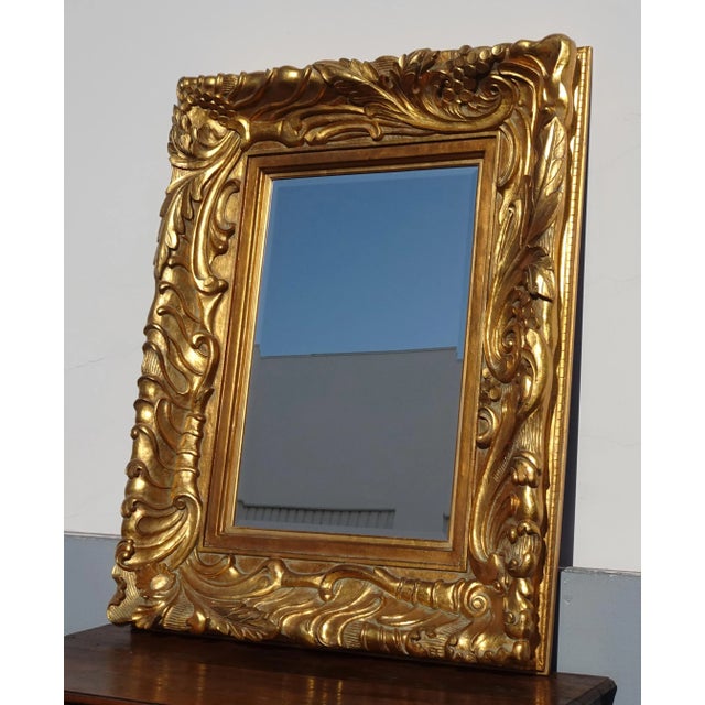 French Large 57"Hx45" Vintage Frenchly Carved Gold Wall Mantle Beveled Mirror For Sale - Image 3 of 12