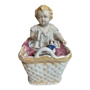 Antique 1880s Porcelain Fairing Trinket Memento Box Baby in Basket