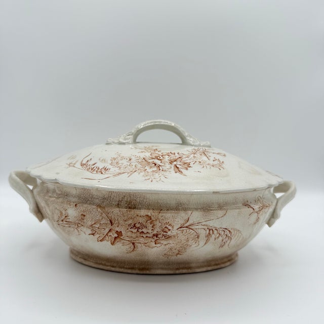 Ceramic Antique 19th-Century English Transferware Covered Soup Tureen – Sepia Floral Aesthetic Movement For Sale - Image 7 of 7