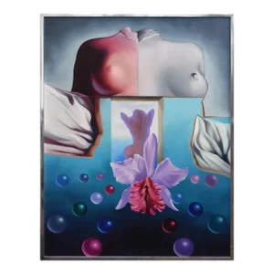 Vintage Surrealist Painting of a Nude With Orchid by Primo 1986