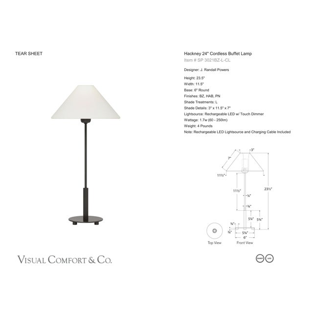 J. Randall Powers by Visual Comfort Signature Hackney 24" Cordless Buffet Lamp in Bronze with Linen Shade Designer: J....