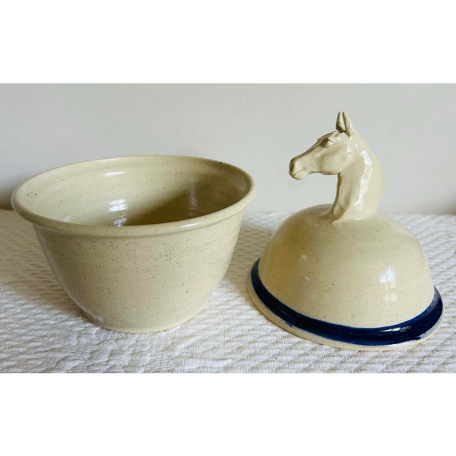 Beige Vintage 1990 Unique Studio Pottery Stoneware Horses Head Covered Serving Dish For Sale - Image 8 of 11