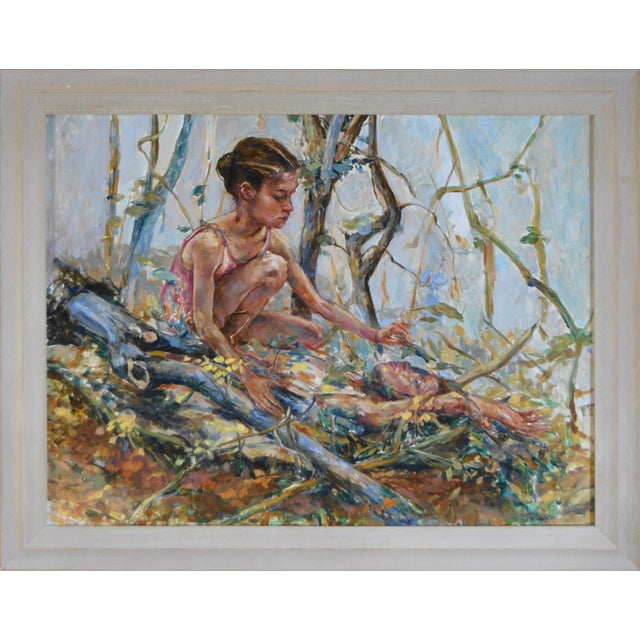 This oil on board painting depicts a young figure tenderly interacting with a reclining form amidst a lush, overgrown...