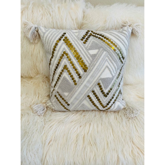Metal Textured Cotton and Brass Art Deco Pillow With Tassels For Sale - Image 7 of 12