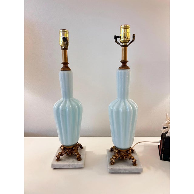 Sky Blue Mid 20th Century Pale blue Murano glass table lamps with gold metal and marble bases - a Pair For Sale - Image 8 of 13