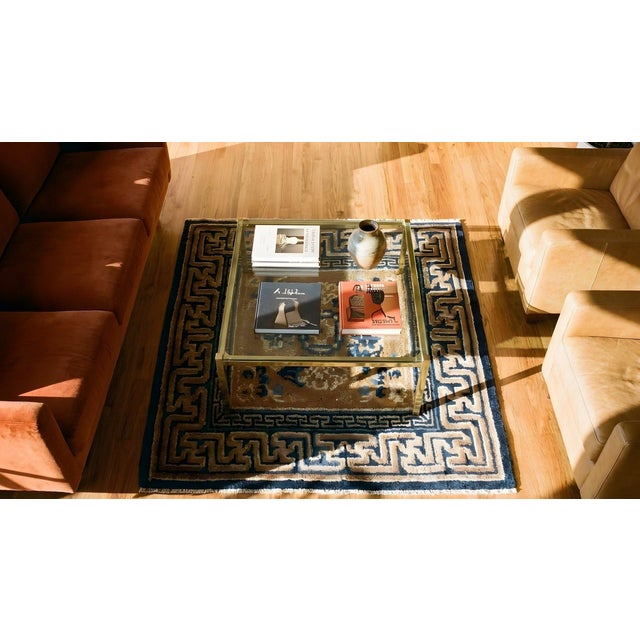 1870s Yellow Gold Medallion Antique Chinese Ningxia 2' X 2'2" Wool Knotted Carpet Rug For Sale - Image 10 of 12