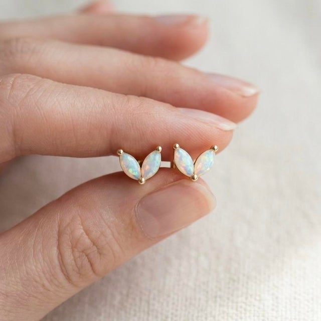 Contemporary Dainty Opal Leaf Earrings | Natural Gemstone Studs | Minimalist October Birthstone Studs - A Pair For Sale - Image 3 of 4