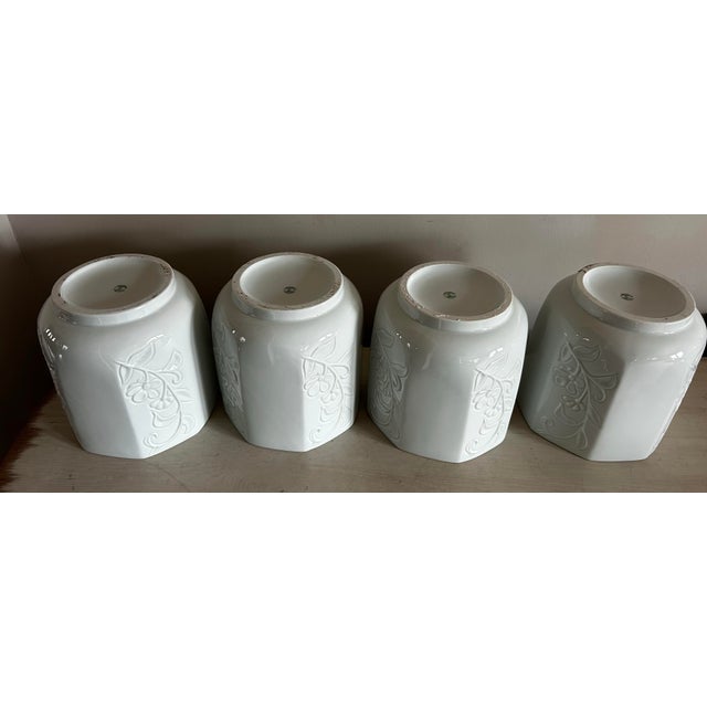 Set of Four Limoges Glazed White Pottery Octagonal Planters With Floral Motif ~ Made in France For Sale In Philadelphia - Image 6 of 10