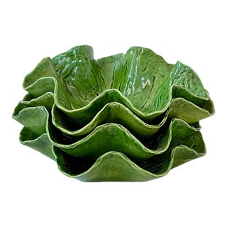 1950s Pat Young Handmade Green Leaf Pottery Bowls Dodie Thayer Style — Set of Four For Sale