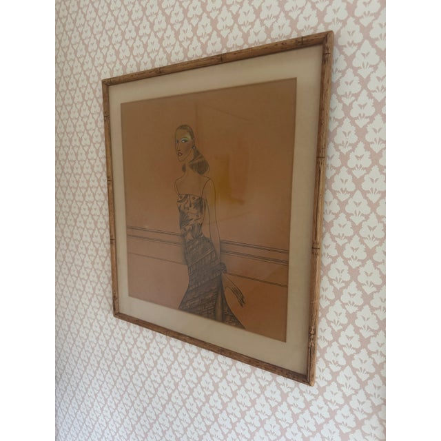Wood 1970’s Framed Fashion Illustration in the Style of Halston For Sale - Image 7 of 10
