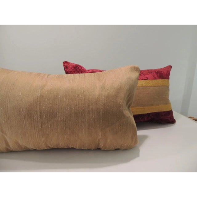 -Set of ‘2’ Red and Gold Silk Velvet Decorative Lumbar Pillows Raw golden color silk framed with silk woven antique trim...