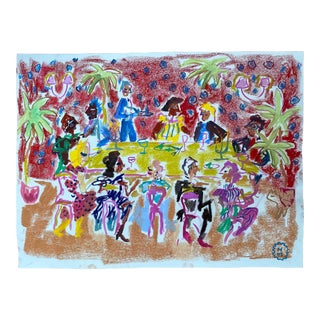 Happy Menocal "At a Dinner Party" Original Gouache and Pastel Work on Paper, Contemporary Illustration For Sale