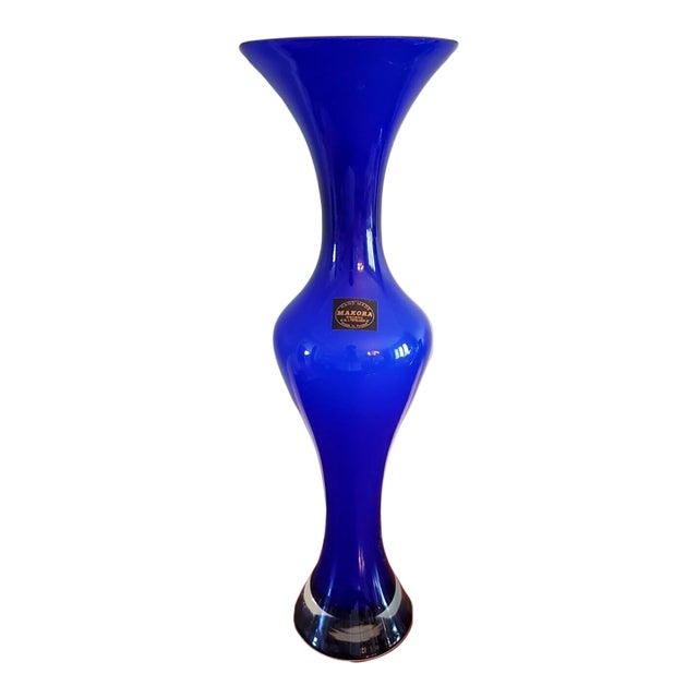 Vintage Krosno Makora Hand Blown 16" Cobalt Blue Glass Flower Vase For Sale