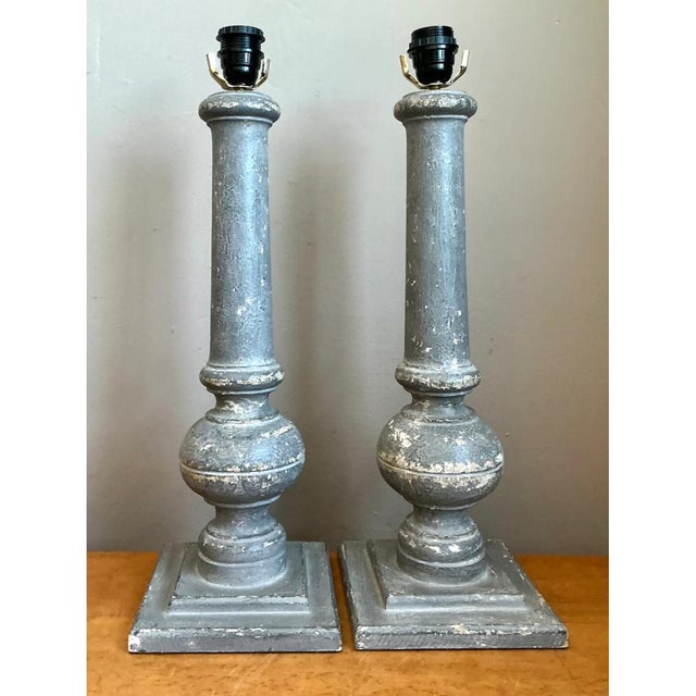 Wood Vintage Distressed Wood Table Lamps - Pair For Sale - Image 7 of 12