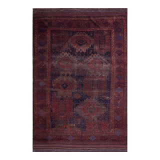 1890s Blue Navy Geometric Tribal Antique Persian Baluch Rug 6'2" X 10'2" Knotted Wool Carpet For Sale