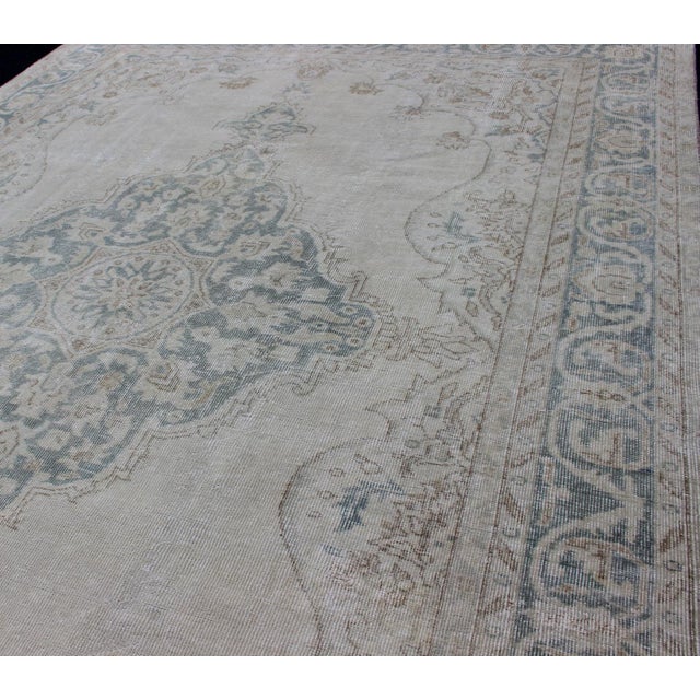 Medallion Distressed Oushak Turkey in Cream, Blue Tones, Brown and Teal Blue For Sale - Image 4 of 15