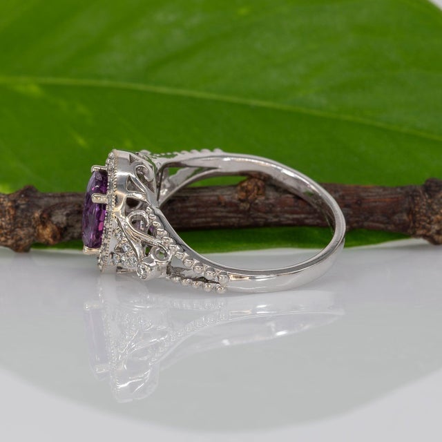 1.6Ct Purple Sapphire Ring With Natural Diamond Halo: Solid 14k Gold, Size 6.75 For Sale - Image 10 of 11