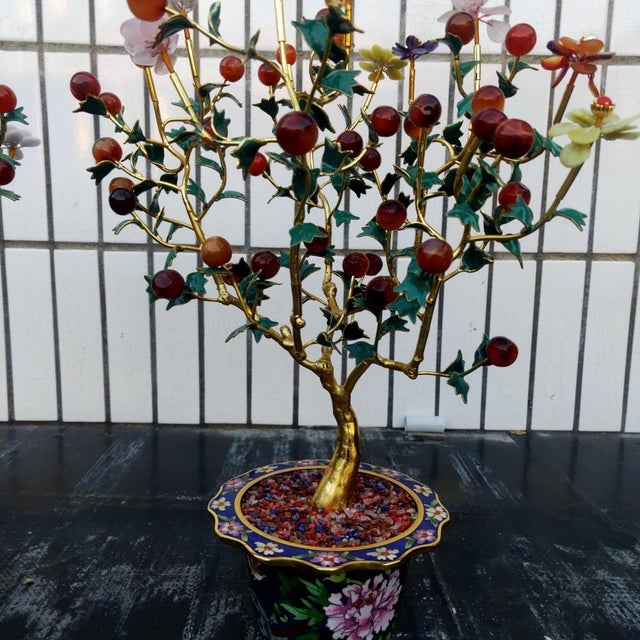 Late 20th Century Pair of Vintage Gemstone & Cloisonné Enamel Bonsai Trees – Agate, Crystal & Pearl Fruit For Sale - Image 5 of 12
