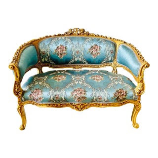 French Gold Leaf & Blue Upholstery Settee For Sale