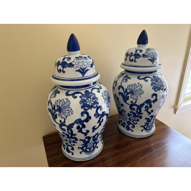 Chinoiserie Large Blue and White Porcelain Ginger Jars, Pair For Sale - Image 4 of 8