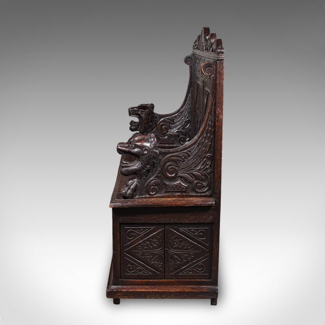 Antique Baronial Settle, Scottish, Carved Oak, Reception Hall Bench, Victorian For Sale - Image 6 of 12