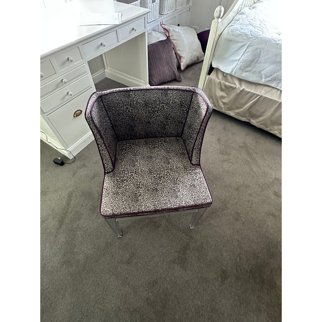 Transitional Lavender Geometric Wing Back Chair With Lucite Base For Sale - Image 4 of 7