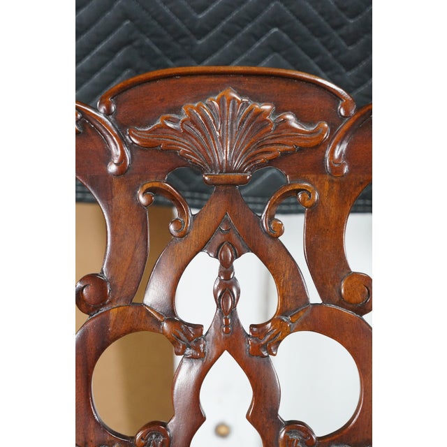 2 Late 20th Century Maitland Smith Chippendale Pierced Mahogany Dining Arm Chairs Silk Seats Pair For Sale - Image 6 of 18