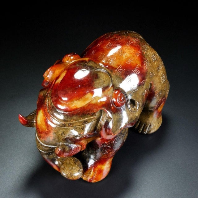 Antique Hetian Jade Elephant Sculpture – 7.9" Carved Figure With Calligraphy For Sale In Los Angeles - Image 6 of 9