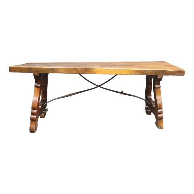 Spanish Style Iron & Walnut Trestle Base Table For Sale