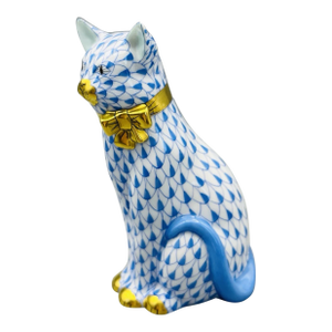 Vintage MCM Herend Blue Fishnet Sitting Cat Figurine