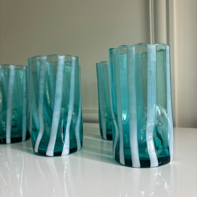 Riviera Blue Striped Italian Murano Glass Tumbler Glasses With Scalloped Rim Set of 6 For Sale In Chicago - Image 6 of 10