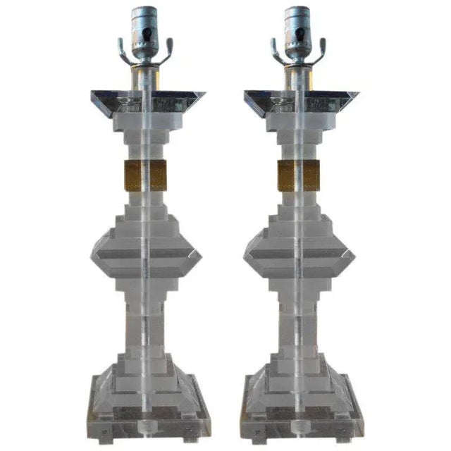 Transparent 1970s Mid Century Modern Geometric Lucite Lamps - a Pair For Sale - Image 8 of 9